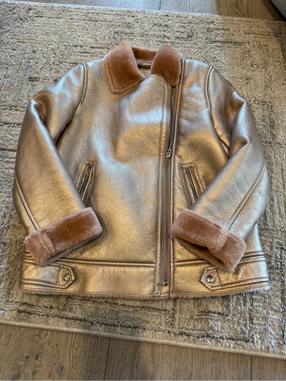 Zara Metallic Rose Gold Puffer Jacket with Tan Faux-Shearling Trim